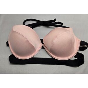 Victorias Secret Pink & Black Halter Bra 36C Back Tie Straps beach nautical
